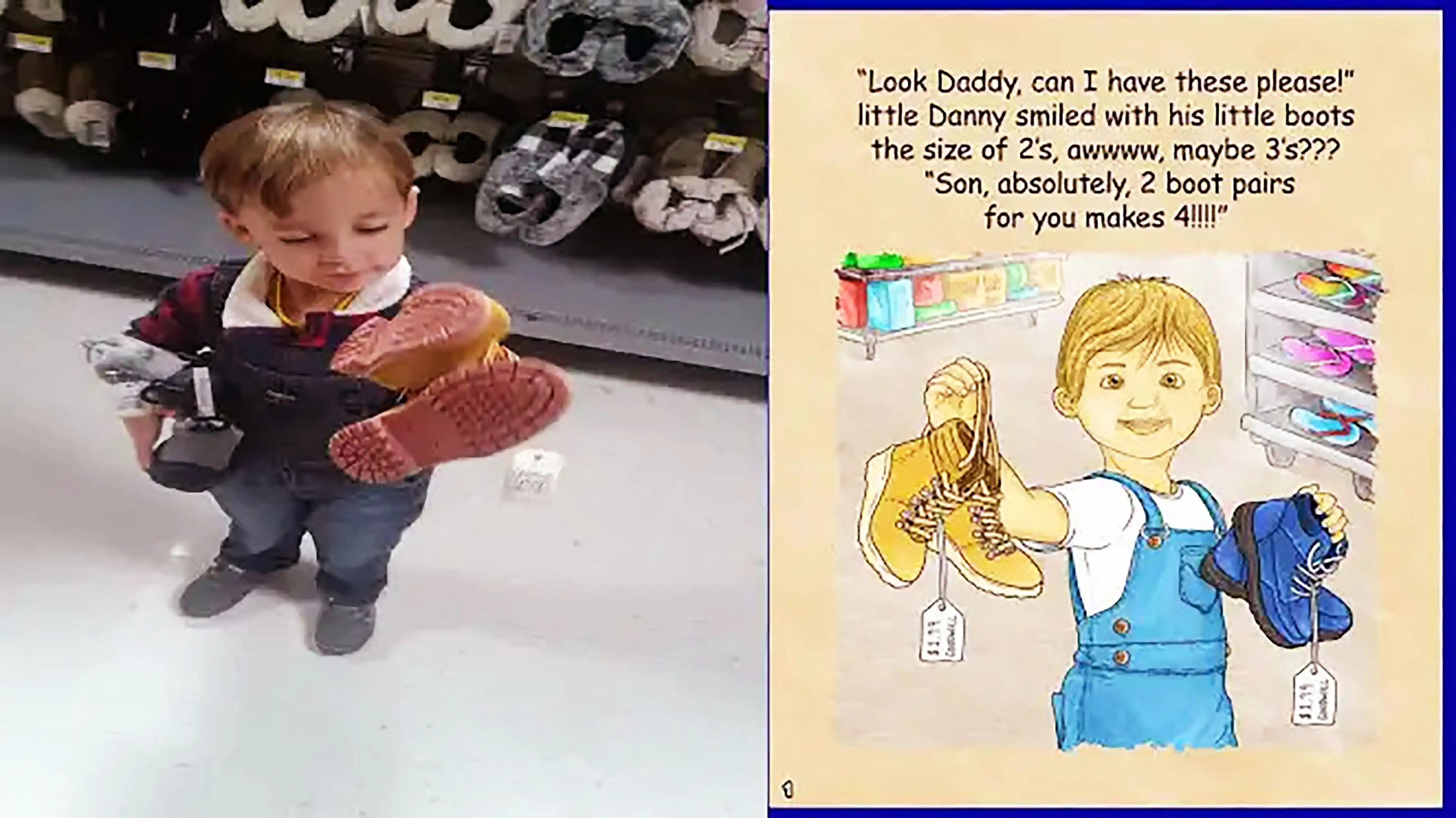 Author David Haave's son Little Danny from the books buying new boots for the winter; David Haave's inspiration for Little Danny's Dream Bus. -- David Haave